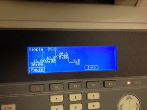 This is what's on the screen of the PCR. It shows the different temperatures that it will cycle through. Basically, it shows how long it will hold each temperature in order to make sure that the denaturing, annealing, and extension phases take place (I explained this in more detail in a previous post).